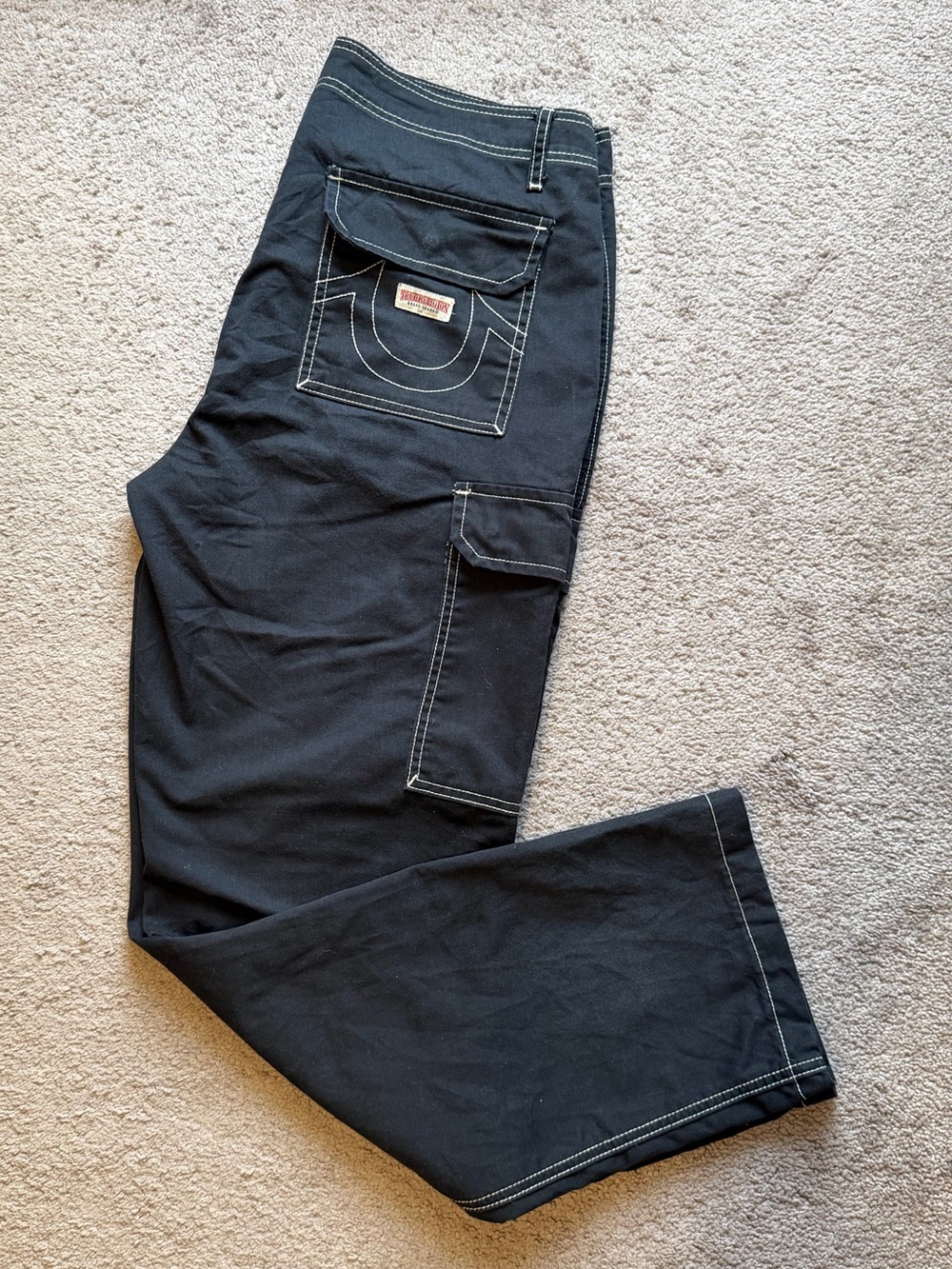 True Religion Black Men's Cargo Pants with Contrast Stitching